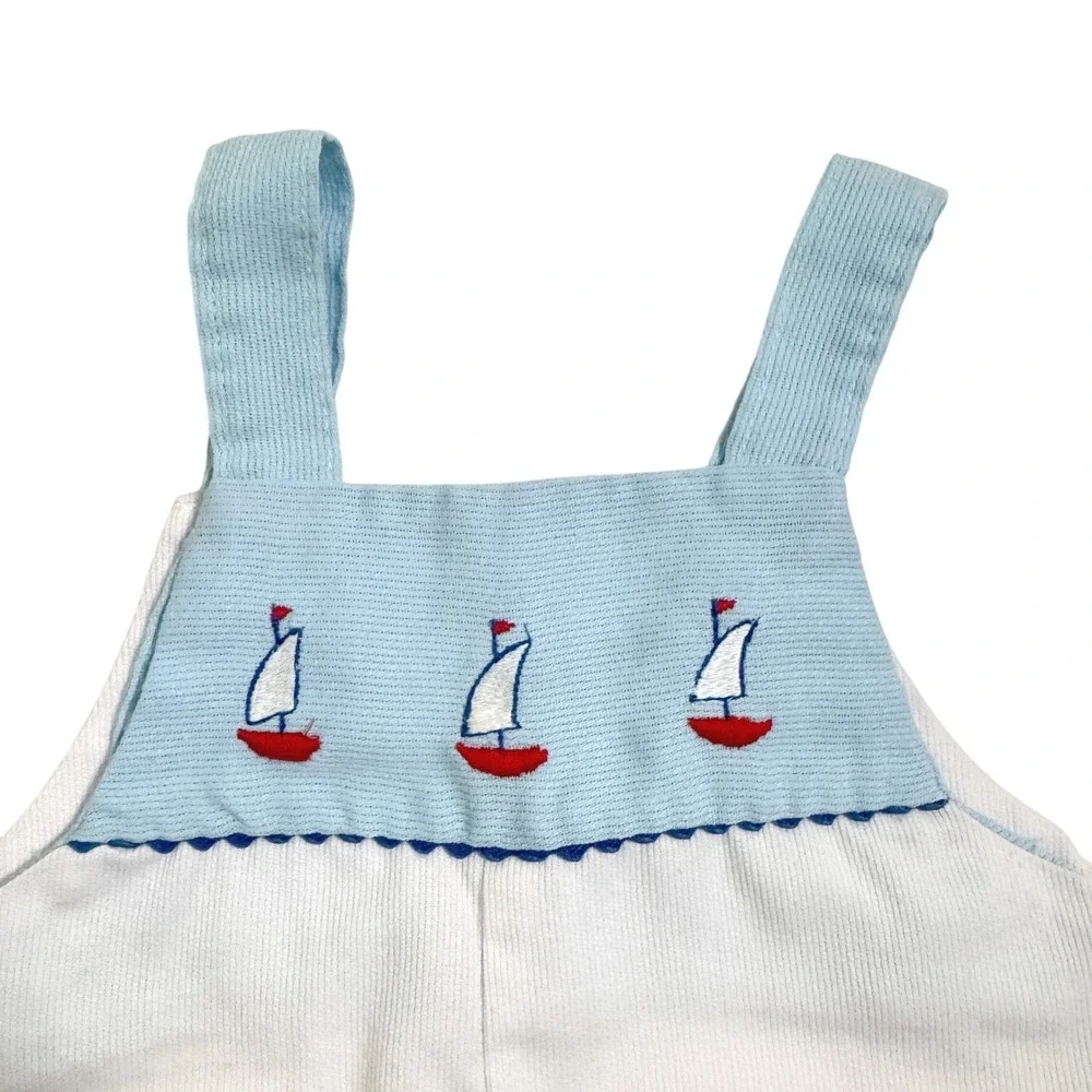 Vintage 80's Baby Togs Sunsuit 12 Months White Blue Sailboat Nautical Romper